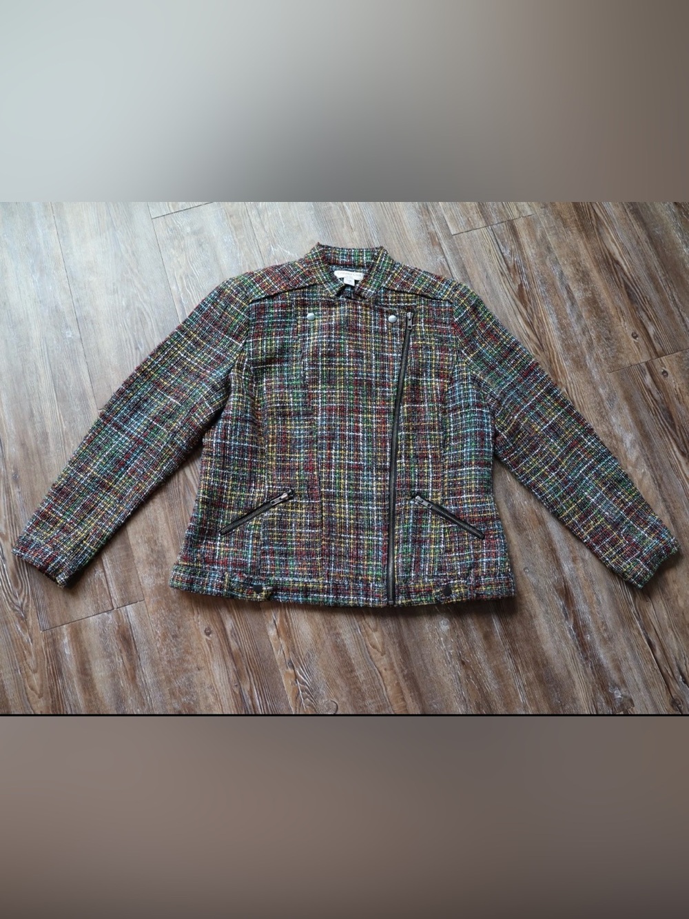 Rainbow Plaid Tweed Moto Jacket Academic Preppy Womens 14